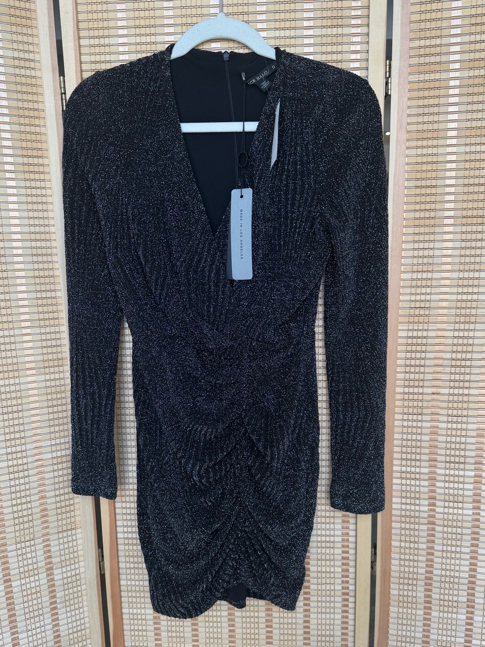 Black Halo Black Sparkle Long-Sleeve Ruched Mini Dress